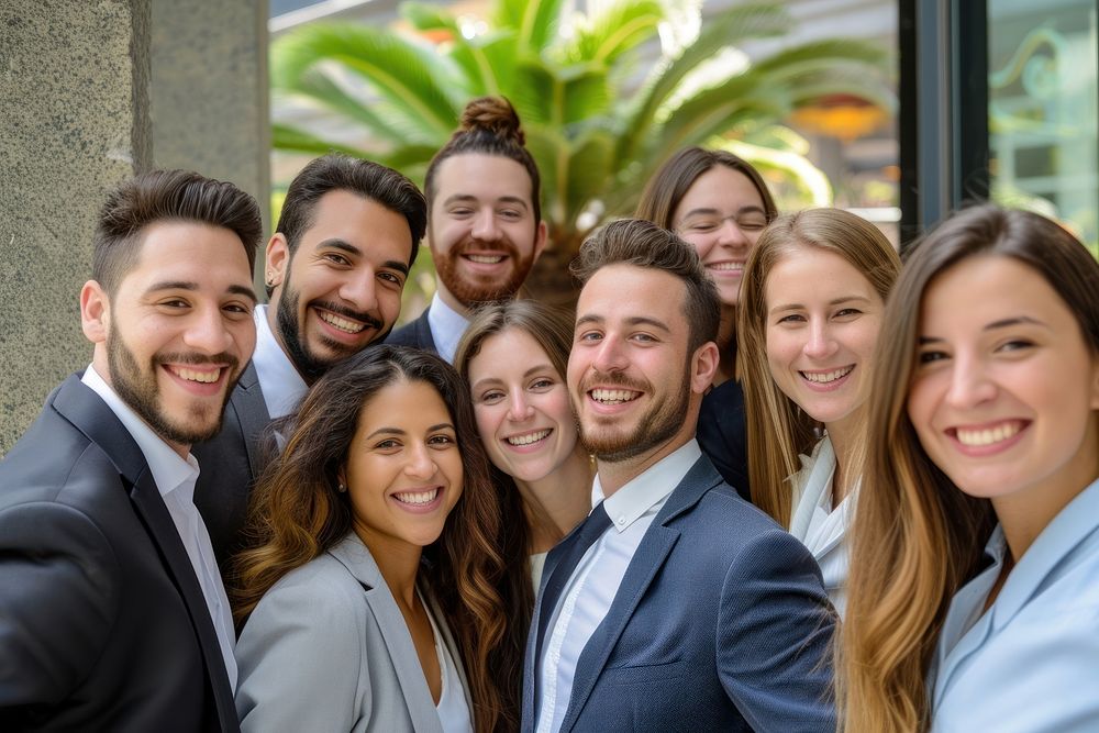 Cheerful team group of business laughing portrait adult.