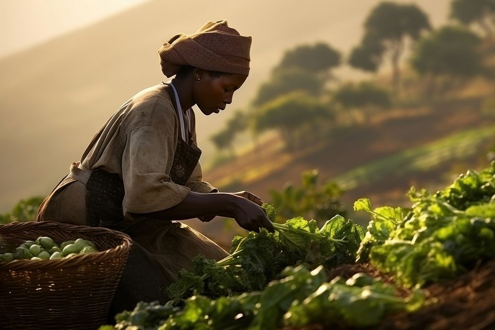 African farmer harvesting vegetable from farm plant adult agriculture.