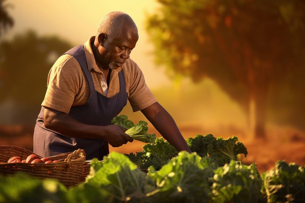 African farmer harvesting vegetable from farm gardening outdoors adult.