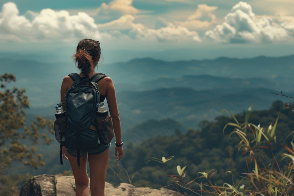 Malaysia woman hiking adventure mountain.