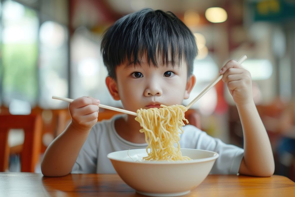 Suth east asia boy eat noodle chopsticks restaurant eating.