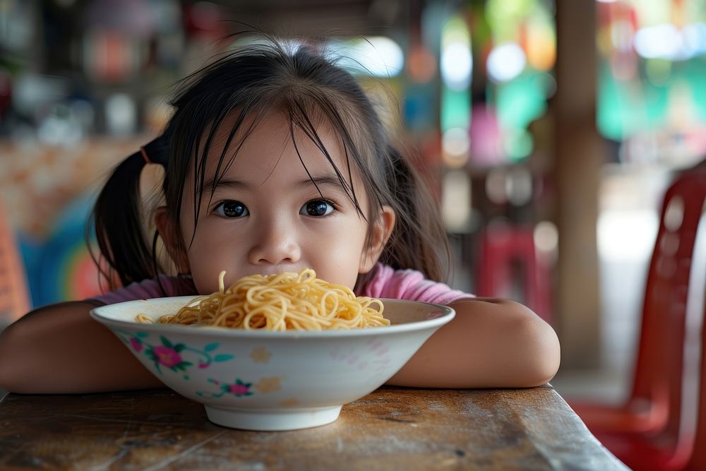 South east asia girl noodle eating child food.