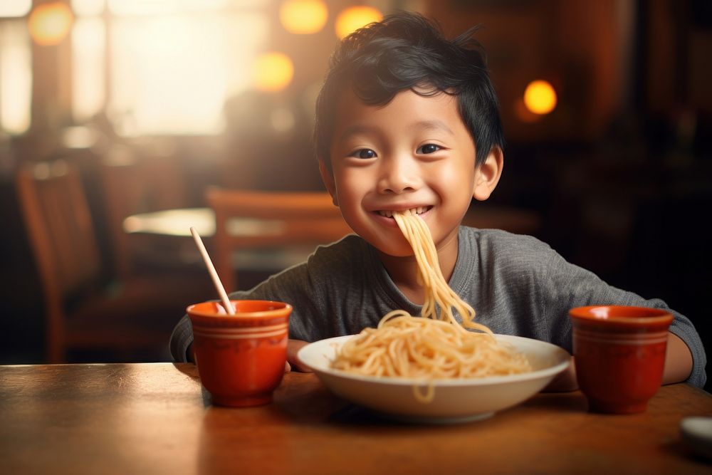 Thai boy eat noodle restaurant eating table.