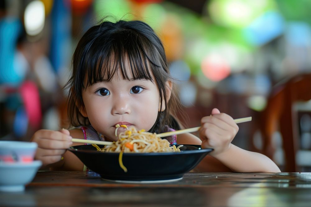 Thai girl noodle restaurant eating child.