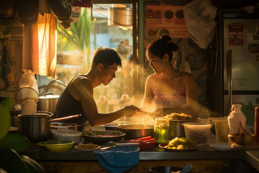 Thai man and woman dinner Tom Yum Goon kitchen adult food.
