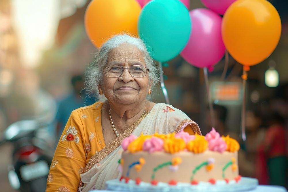 Indian senior woman celebrating balloon cake birthday.