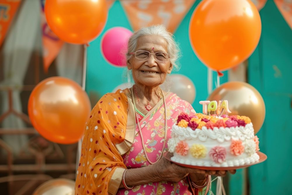 Indian senior woman celebrating balloon cake birthday.