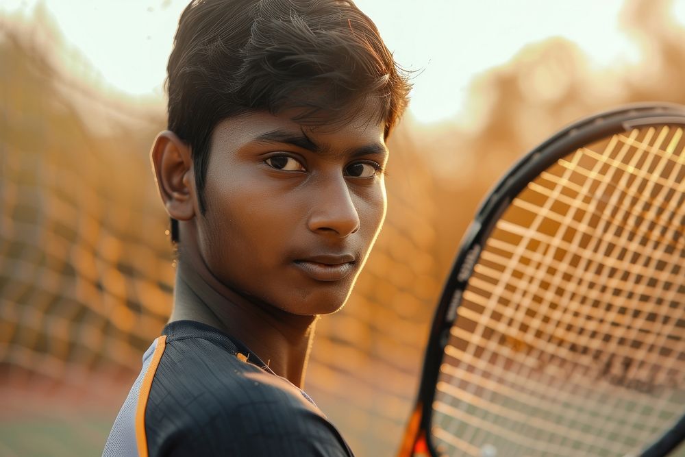 Indian young man playing sports and hobby racket tennis day.