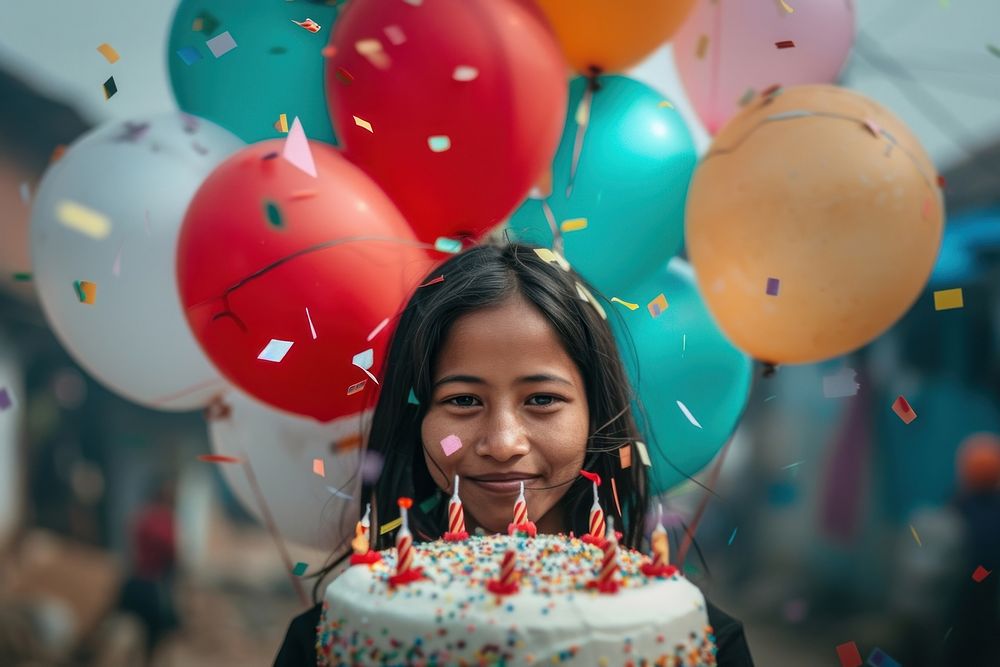 Nepalese woman celebrating balloon cake birthday.