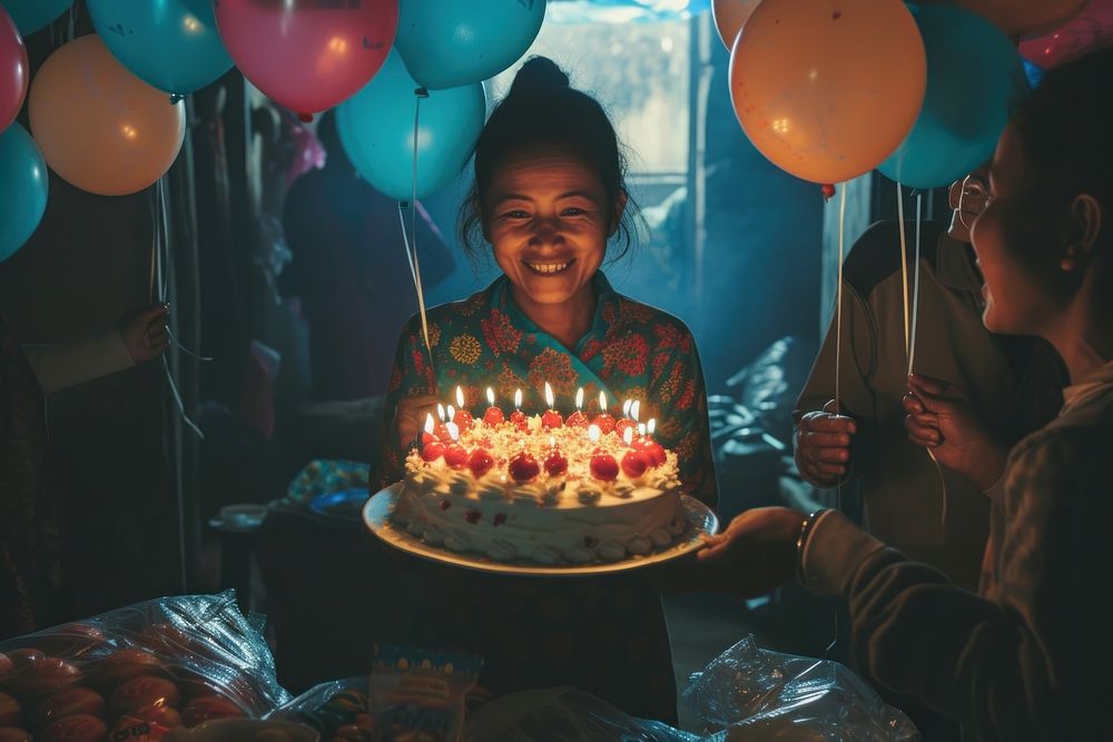 Nepalese woman celebrating balloon cake birthday.
