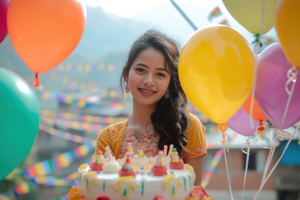 Nepalese young woman celebrating balloon birthday dessert.