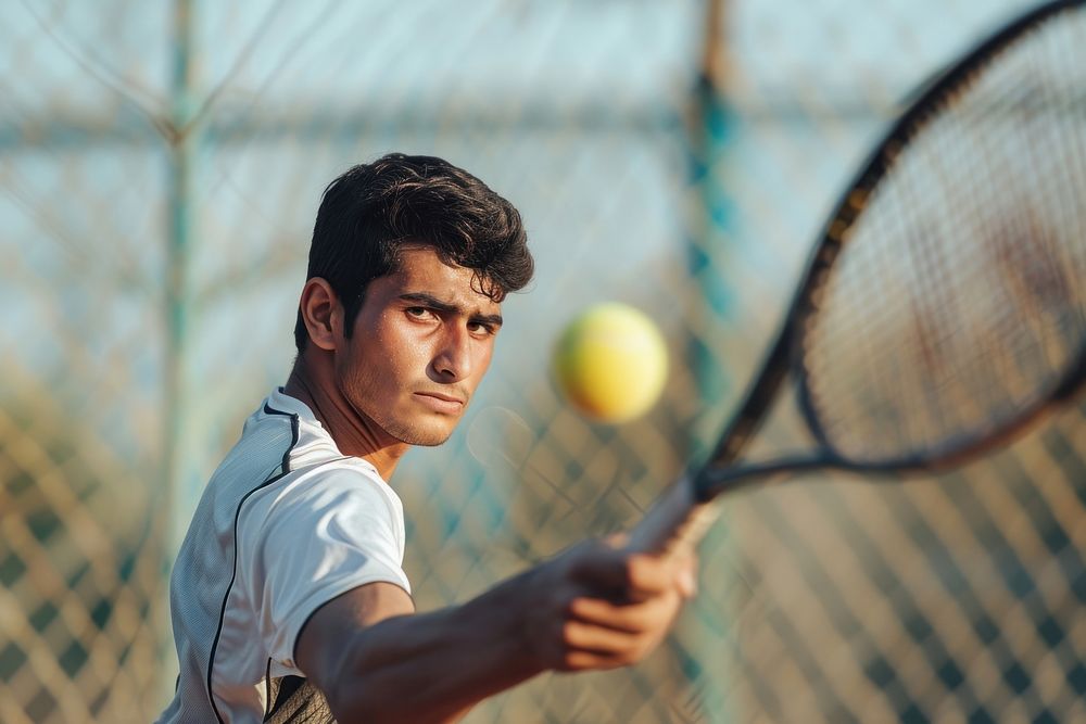Pakistani young man playing sports and hobby tennis racket adult.