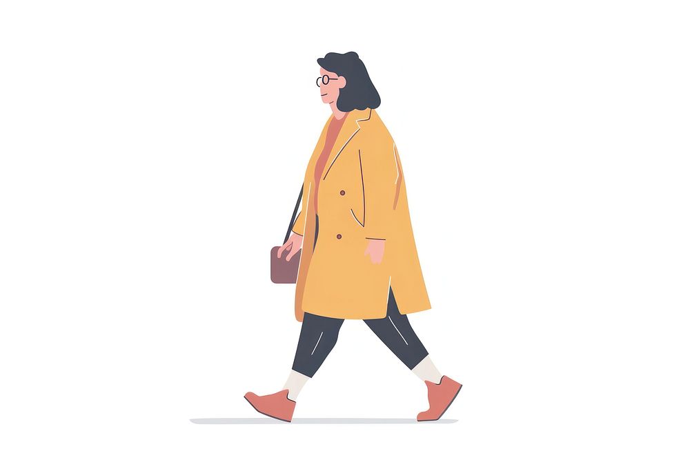 Senior woman walking flat illustration adult coat line.