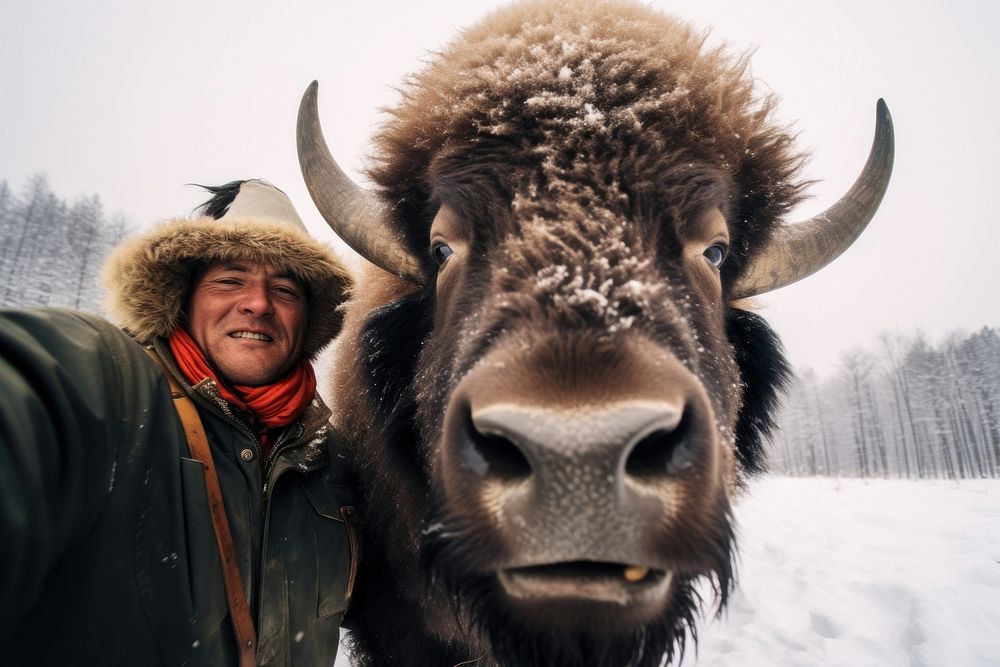 Selfie bison livestock wildlife buffalo.