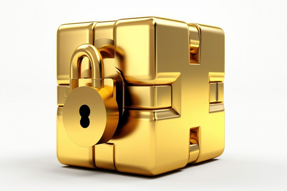 Cube lock gold white background protection.