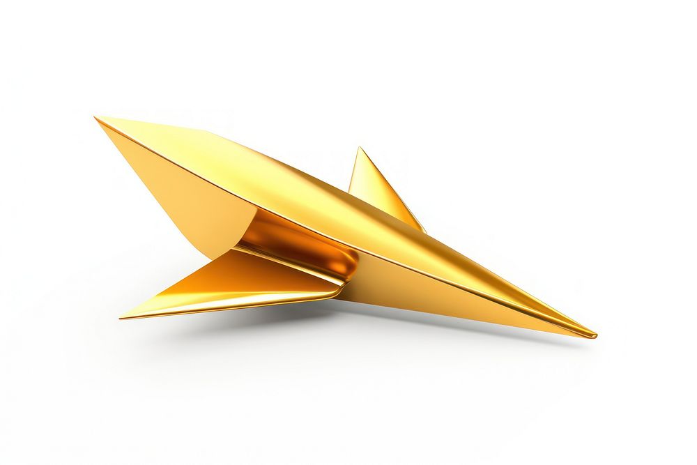A plane as paper plane shape origami gold white background.