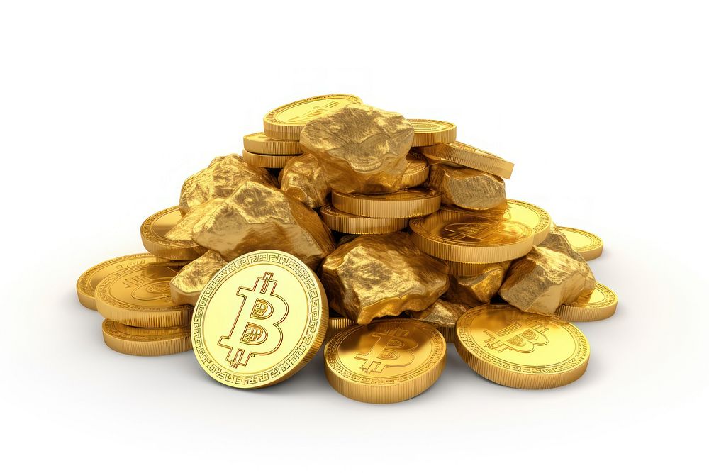 Bitcoin pile gold backgrounds white background.