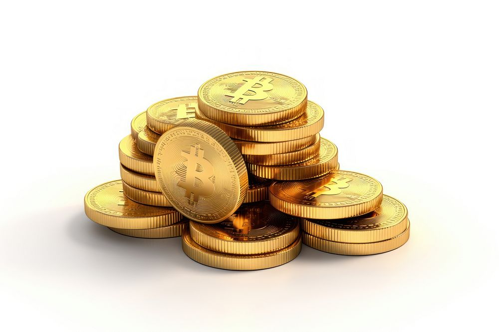 Bitcoin pile gold money white background.