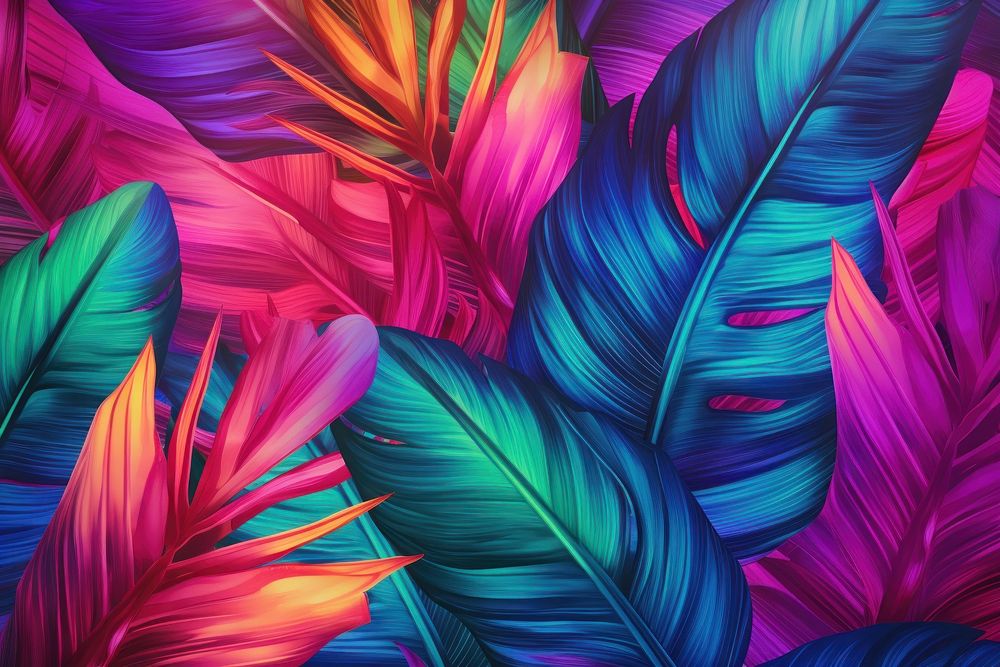 Tropical leaves in vibrant bold gradient holographic neon graphics pattern purple.