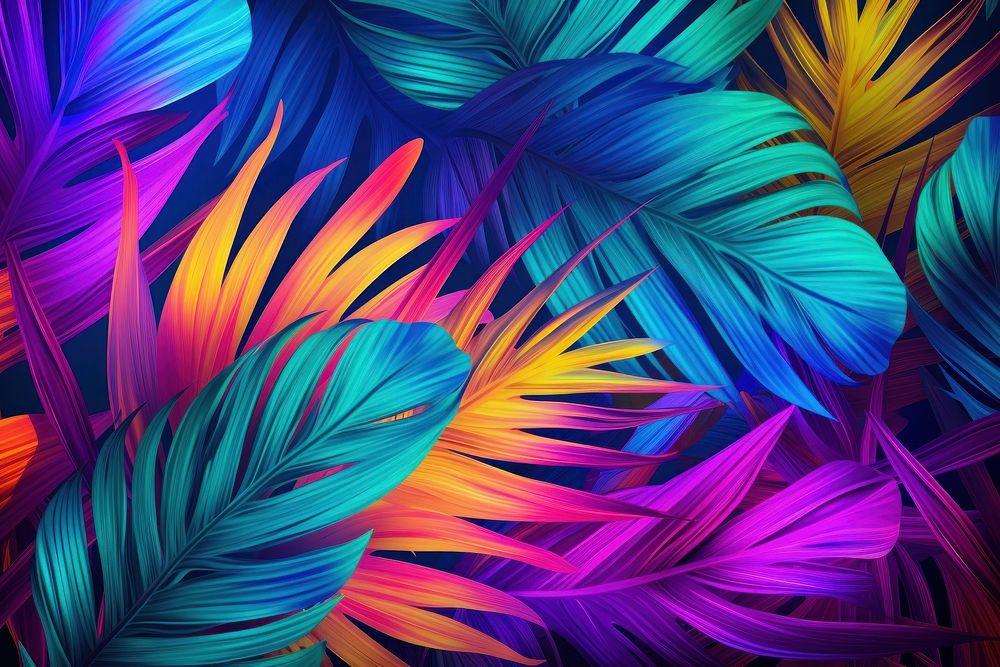 Tropical leaves in vibrant bold gradient holographic neon graphics tropics pattern.