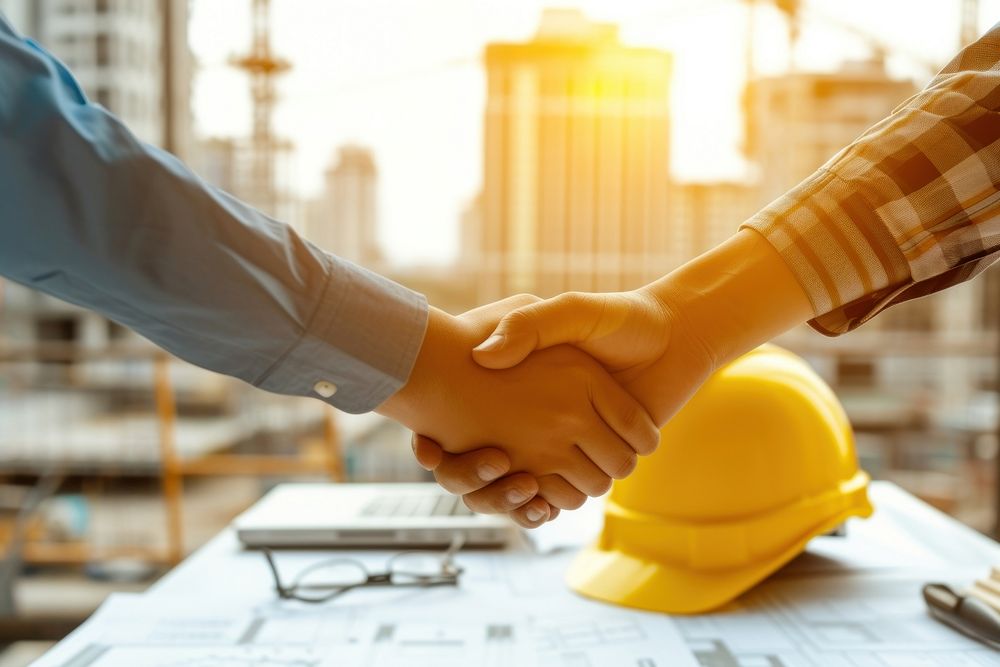Two architects people shaking hands in front of yellow hard hats on desk construction handshake hardhat.