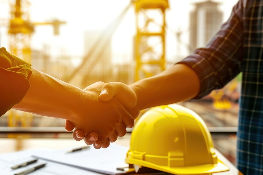 Two architects people shaking hands in front of yellow hard hats on desk construction hardhat helmet.