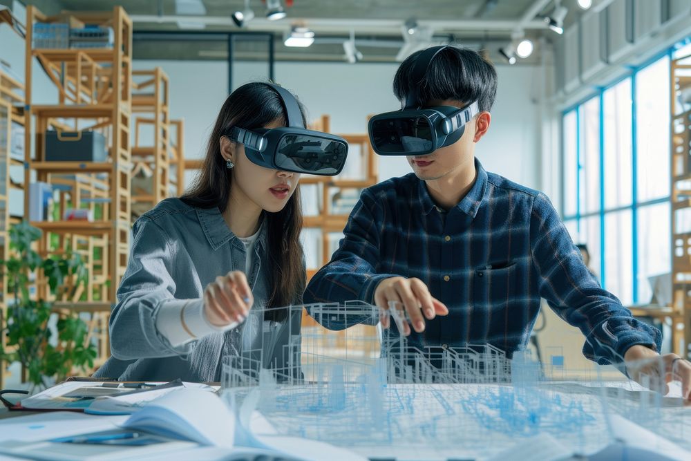 Two Asian architect people looking at a table with virtual glasses technology working person.