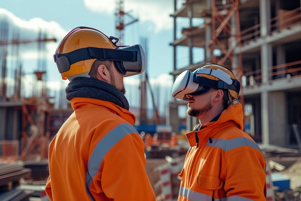 Two workers wearing a virtual reality headset standing in an construction site hardhat helmet adult.