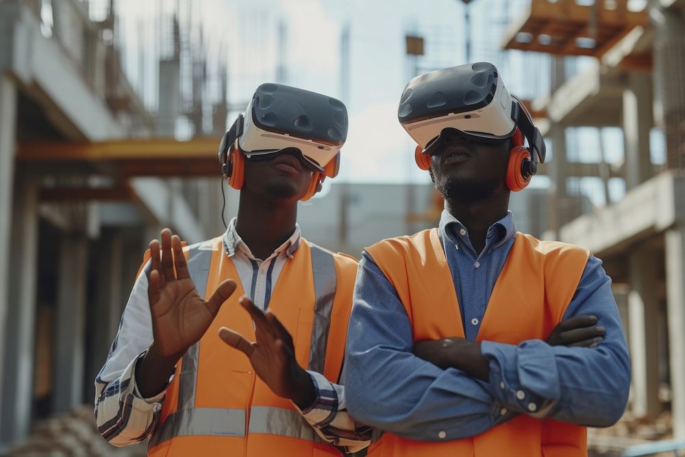 Two workers wearing a virtual reality headset standing in an construction site helmet adult architecture.