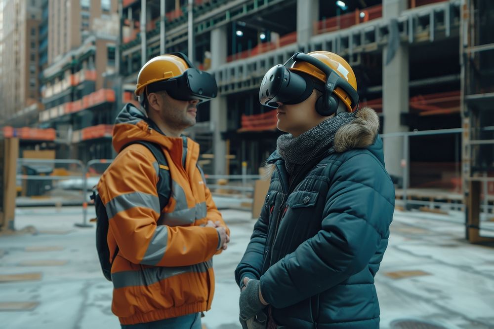 Two workers wearing a virtual reality headset standing in an construction site helmet togetherness architecture.