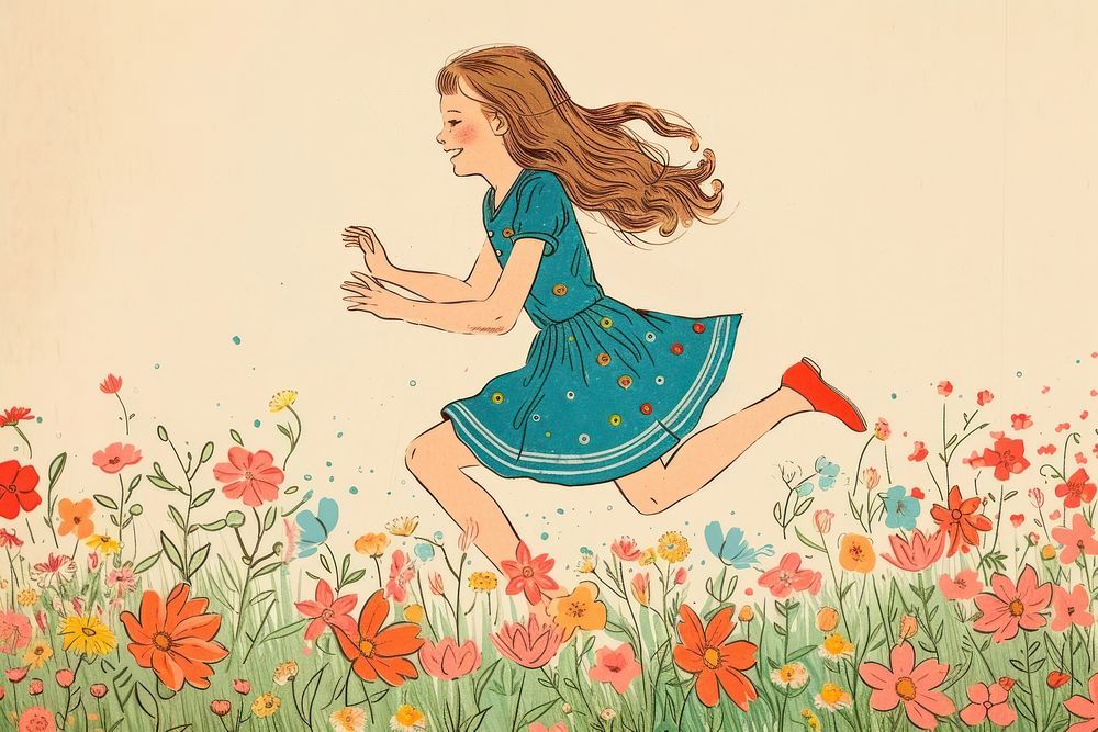 Vintage illustration of a girl running art cartoon pattern.