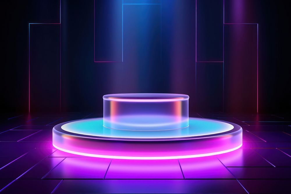 Hologram podium on holographic lighting purple shape.