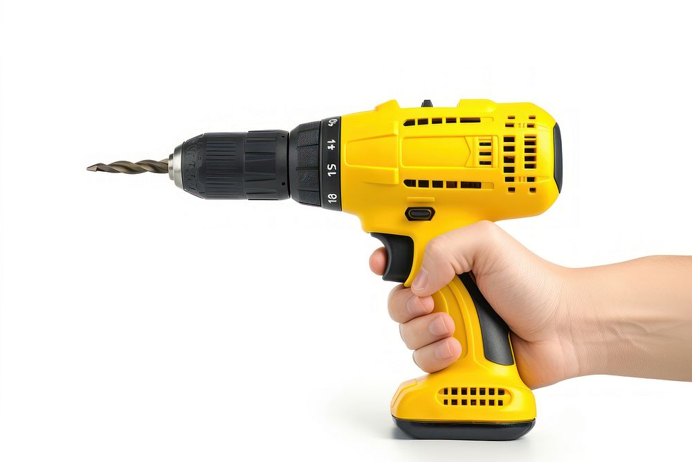 Yellow cordless electronic screwdriver drill hand yellow tool white background.