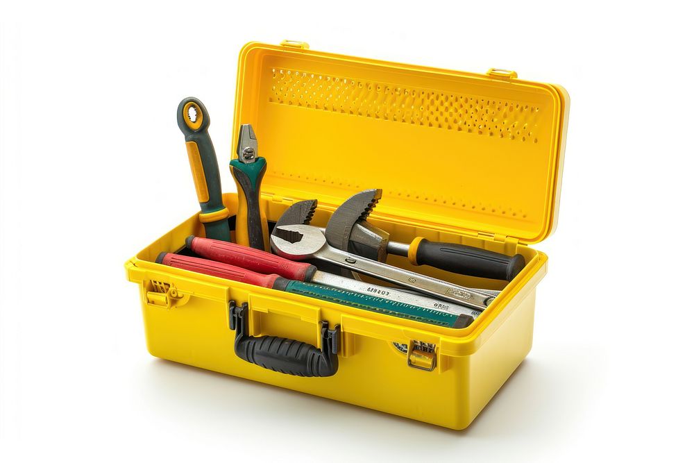 Yellow toolbox with hand tools yellow white background screwdriver.