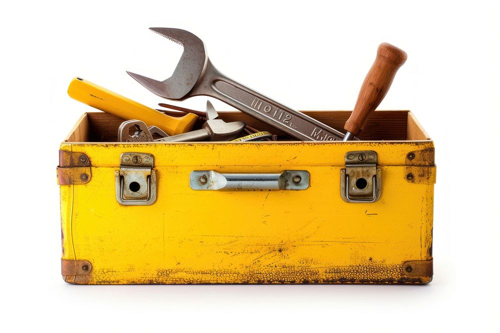 Yellow toolbox with hand tools yellow white background equipment.