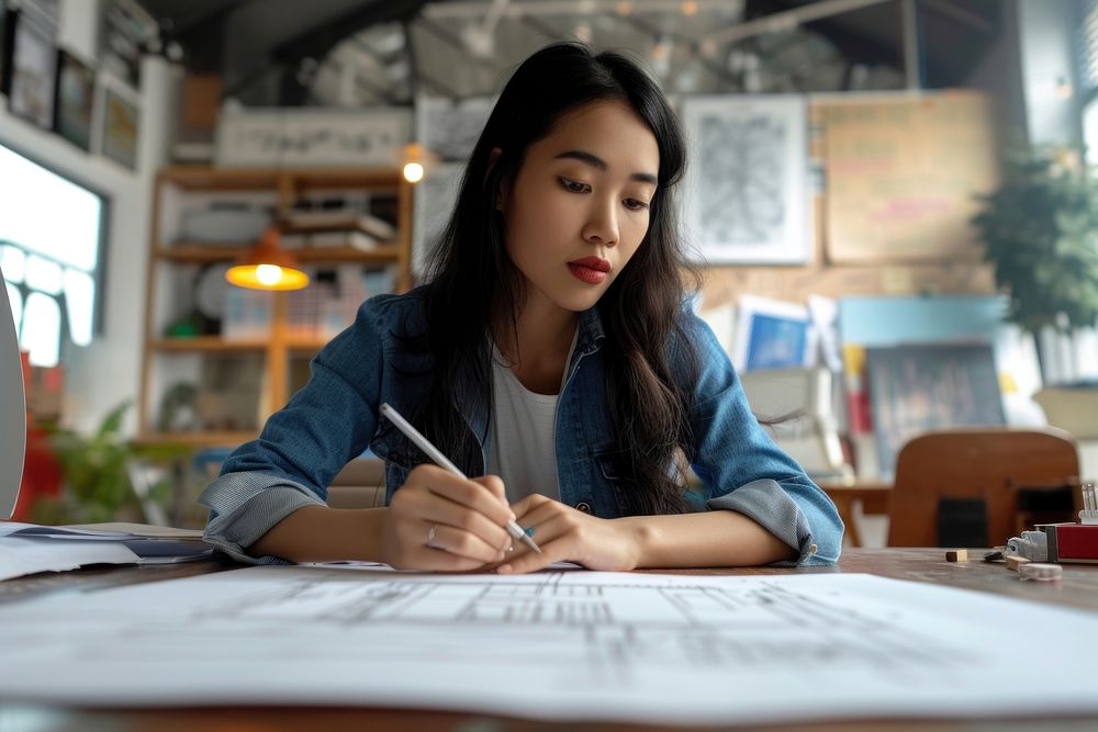 Young adult Asian woman making architecture drawings on a desktop writing women pen.