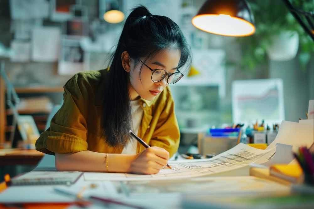 Young adult Asian woman making architecture drawings on a desktop writing pen concentration.