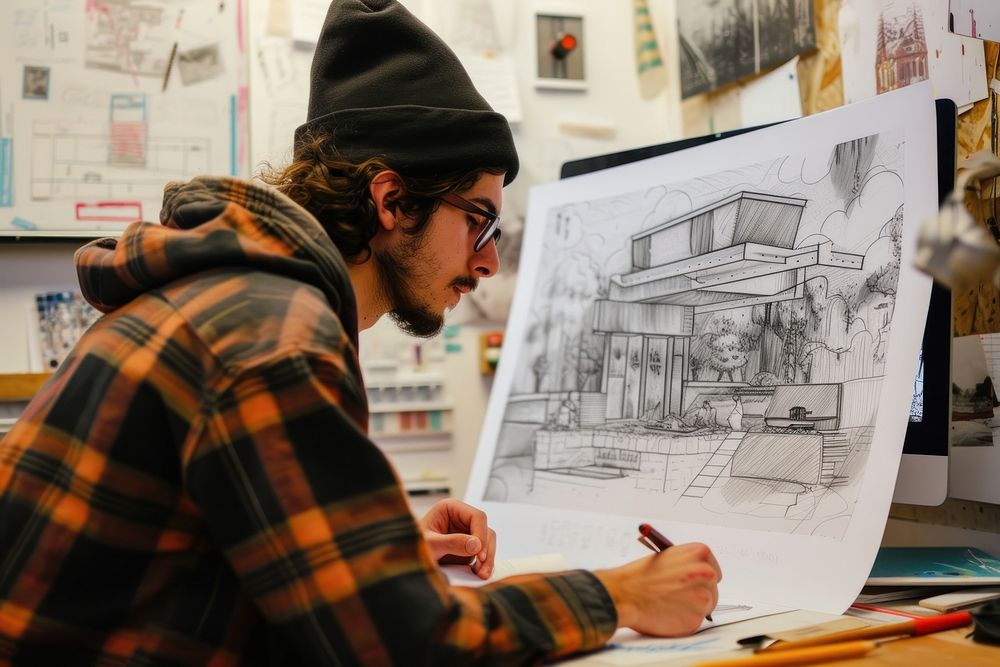 Young adult man making architecture drawings on a desktop art sketch craftsperson.