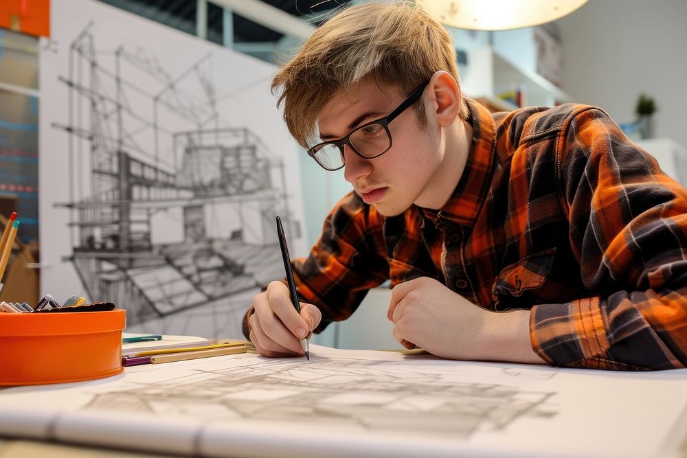 Young adult man making architecture drawings on a desktop writing art concentration.