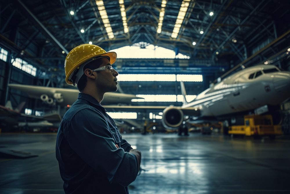 Young architect man airplane hangar manufacturing.