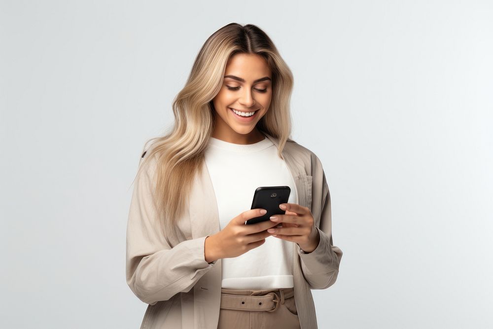 Woman holding mobile phone portrait smiling happy.