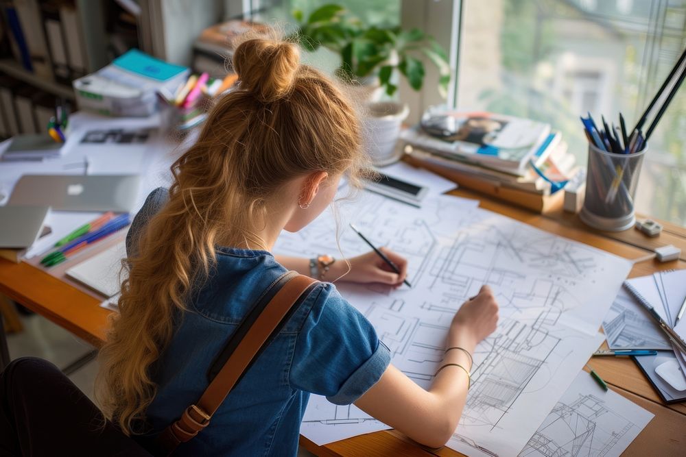 Young girl making architecture drawings on a desktop adult pen concentration.
