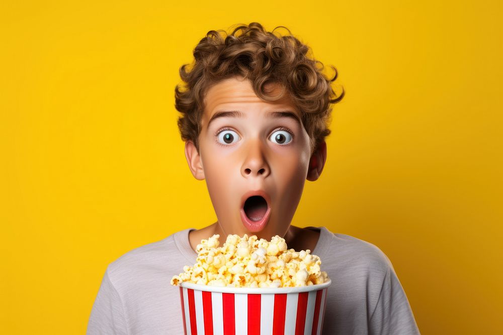 American guy eating popcorn shock movie surprised.