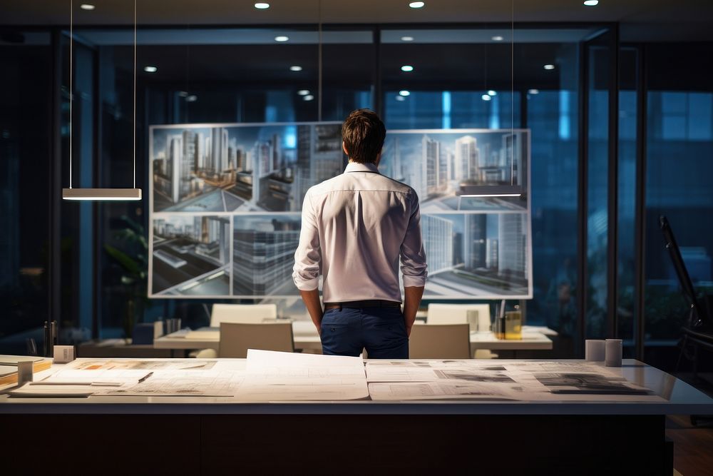 A male architect standing by a desk with blueprints architecture building adult.
