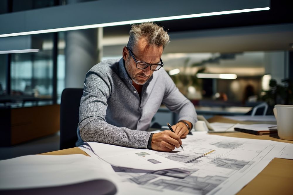 A man working on architects plan blueprints in an office glasses adult pen.