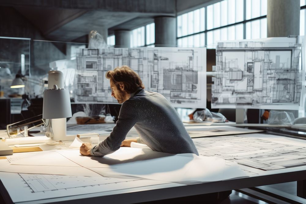 A man working on architects plan blueprints in an office table adult concentration.