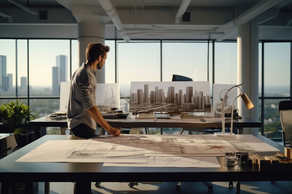 A man working on architects plan blueprints in an office table adult desk.