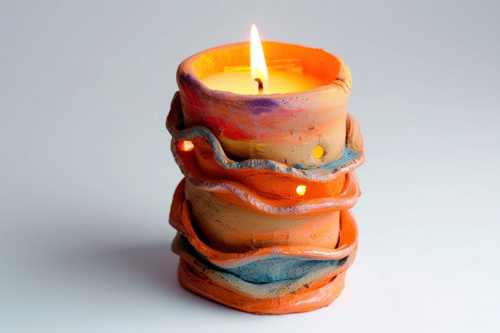 Candle made up of clay lighting glowing burning.