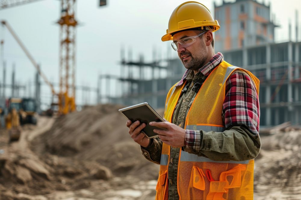 A construction worker with his tablet in front of the dirt and cranes hardhat helmet architecture.
