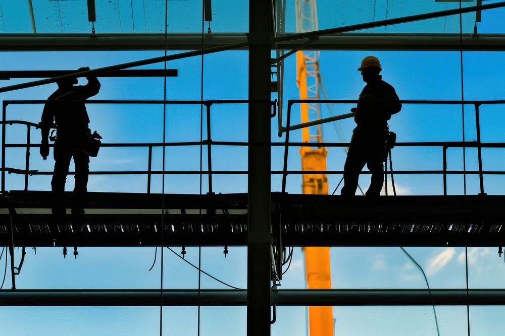 A pair of construction workers on an elevated steel structure hardhat helmet adult.